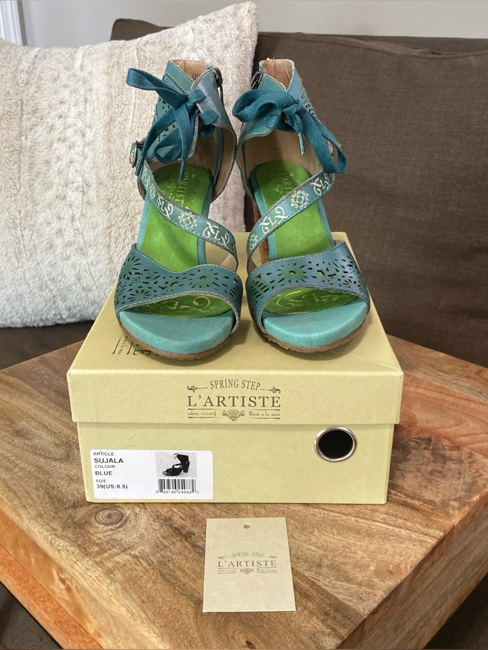 New L'Artiste By Spring Step Sujala Leather Boho Heels Sandals Blue Green 39 8.5